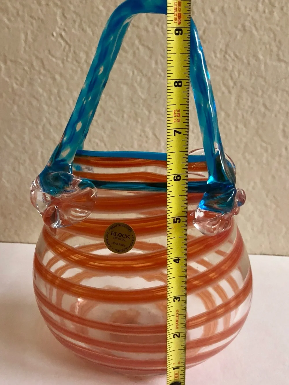 Handblown Glass Purse Vase with Orange Swirl and Blue Handle